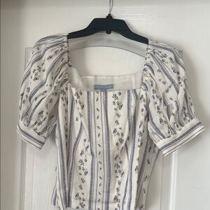 Antonio Melani Ivory Square-Neck Puff Sleeve Top with Blue Floral Stripes, 10